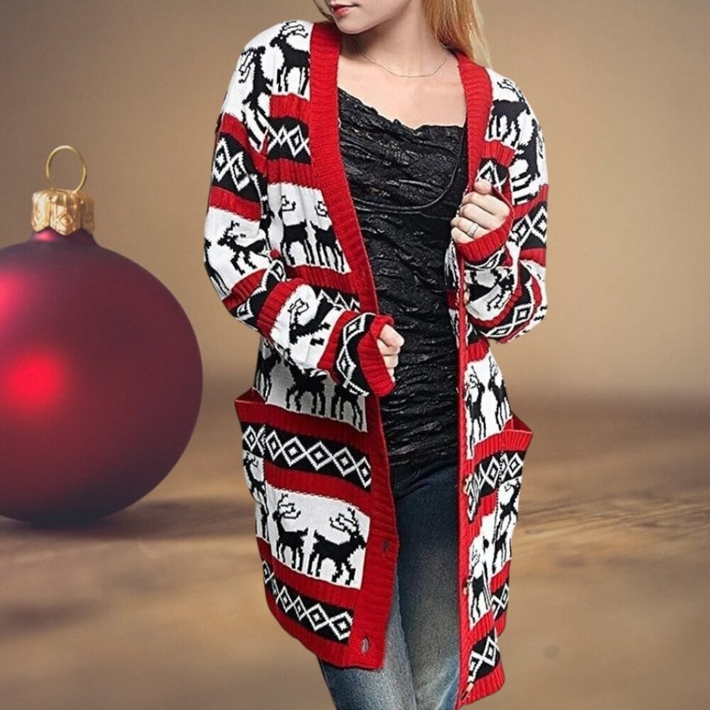 🎄V-Neck Button Down Oversized Christmas Reindeer Cardigan – Cotton Knit Size M